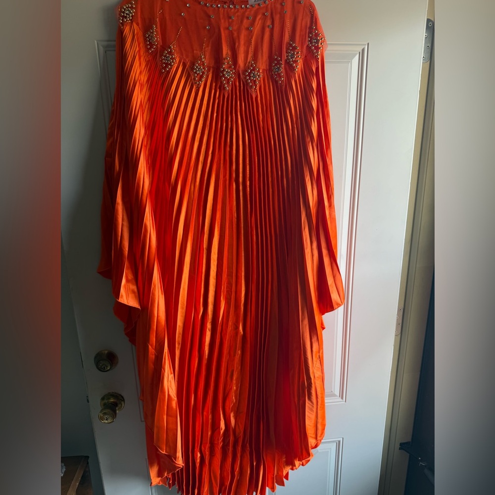Vibrant Orange Pleated Maxi Dress